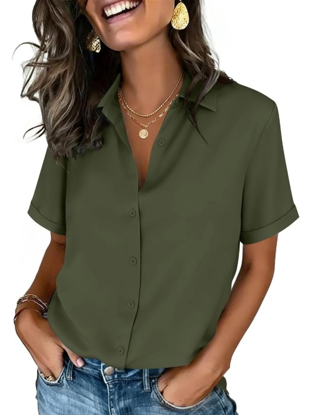 Chic Short Sleeve Button Down Blouse for Women - Dressy Casual Top